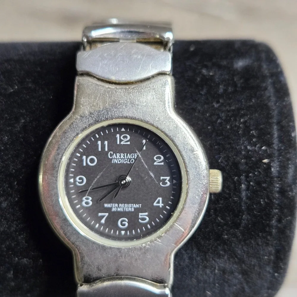 Carriage by Timex Indiglo Watch Black Dial Round Silver Tone Case Stretch Band 6
